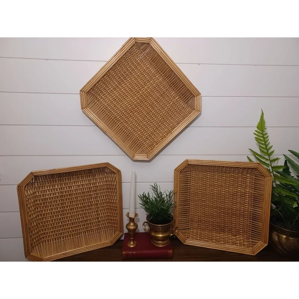 Boho woven bambo/ wicker wall hangings / trays set of 3